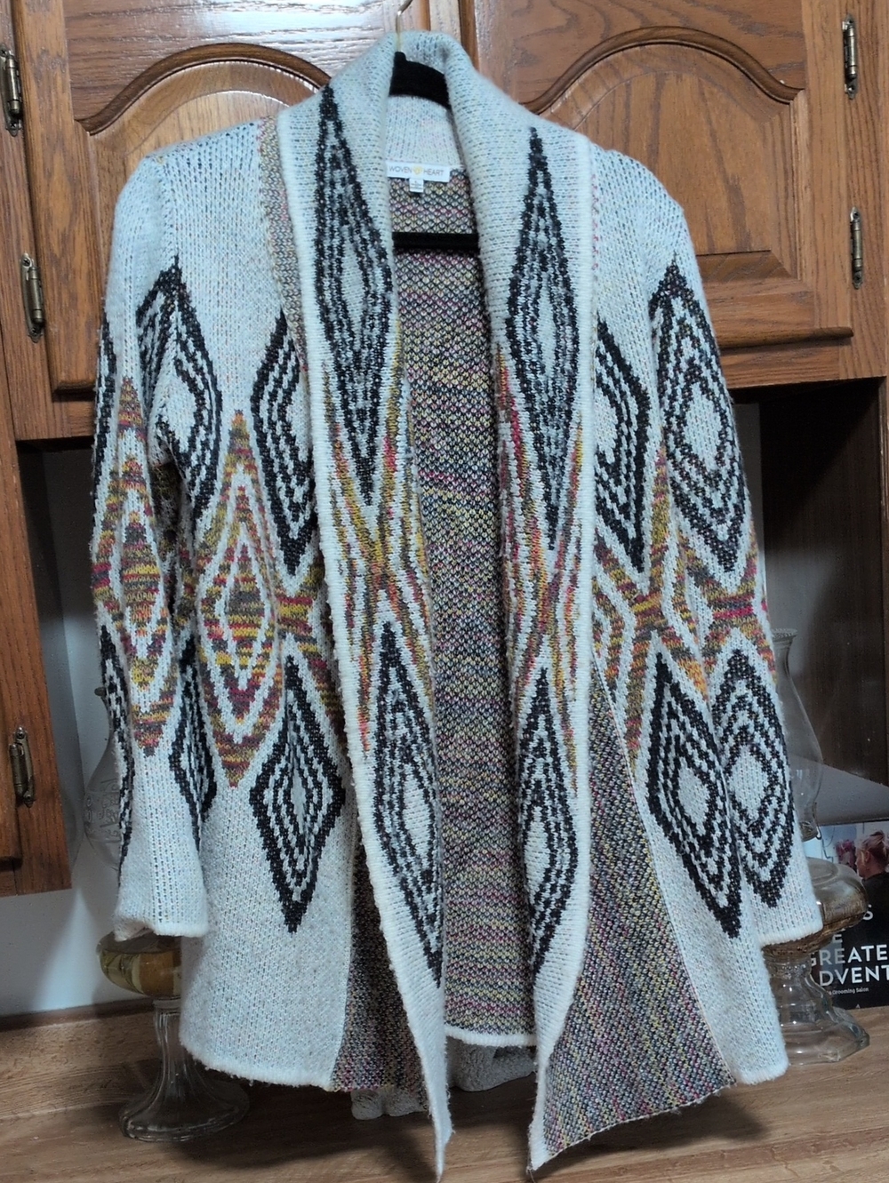 Woven Heart Ivory Aztec Open-Front Cardigan with Black and Multicolor Accents